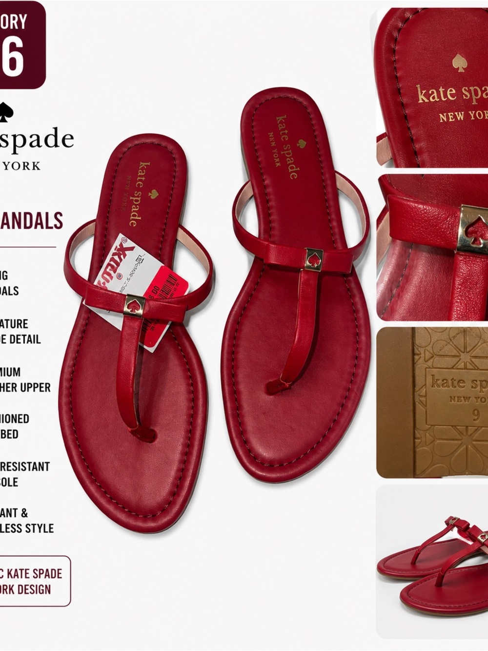 kate spade Red Leather T-Strap Sandals with Gold Spade Accent
